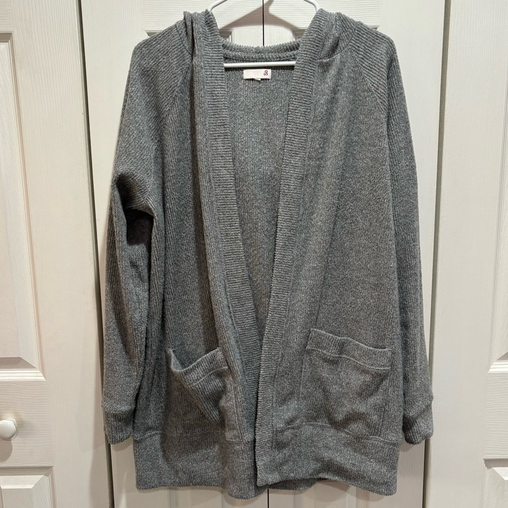 SO Women’s Warm Long Knit Hooded Cardigan Sweater w/ Pockets - gray, size L